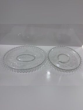 Vintage etched glass serving plate and oval platter set beaded coin&floral rim